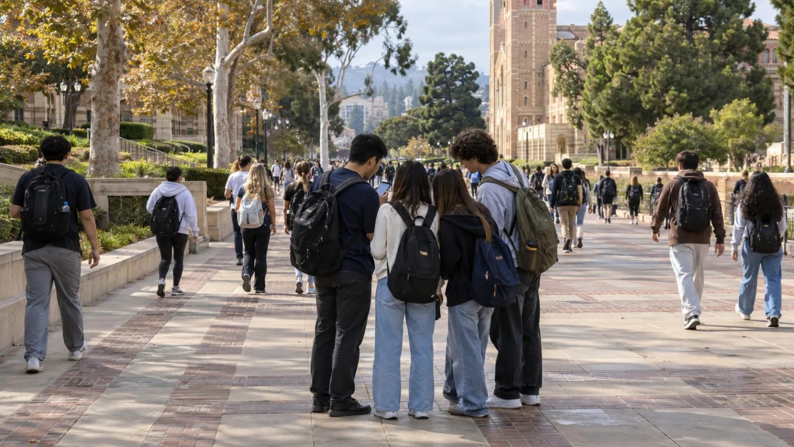 Young people pause over a phone on Bruin Walk at UCLA in Los Angeles. (AI-generated image / EconoTimes)