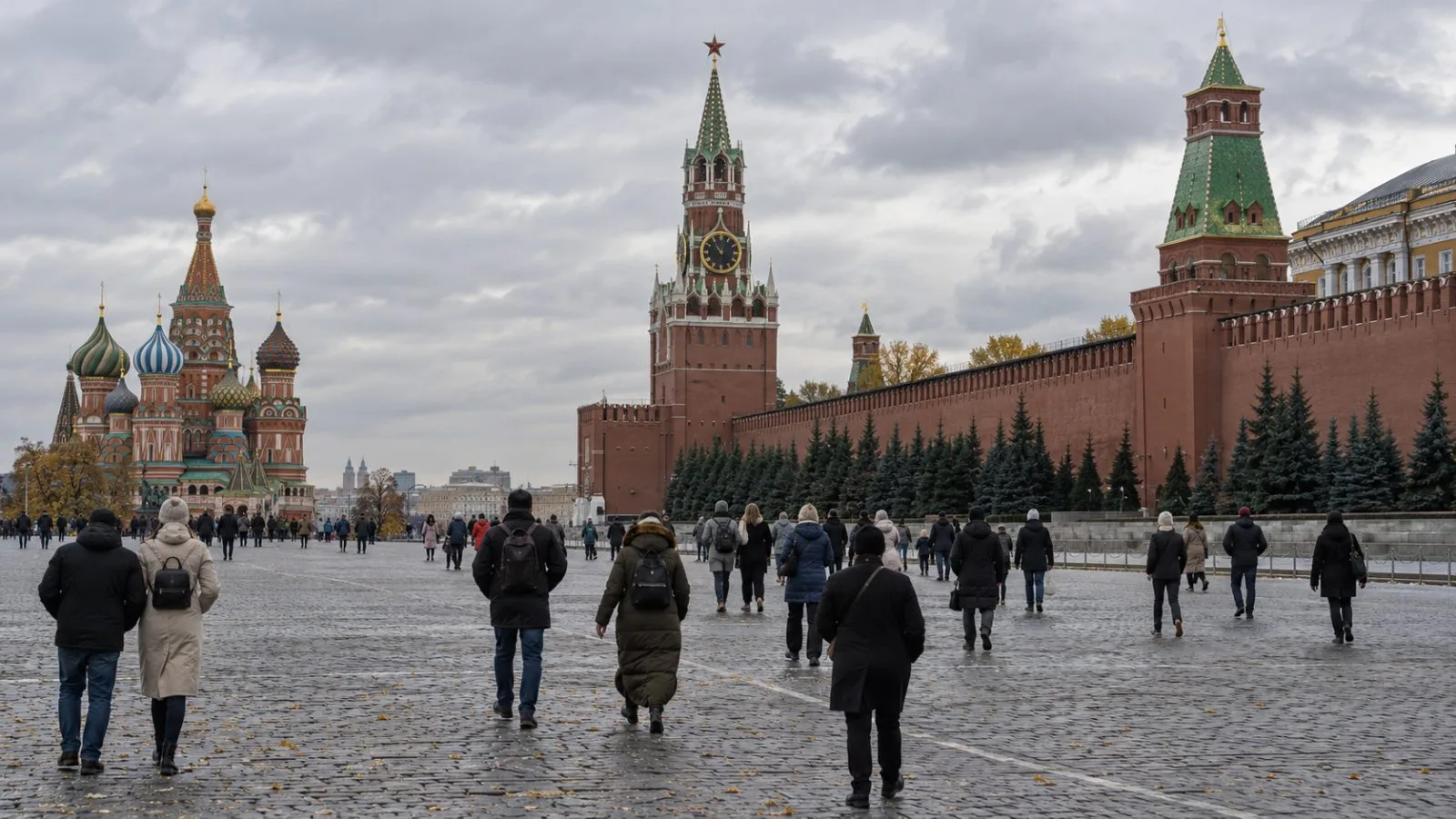 Pedestrians pass the Kremlin walls in Moscow on an overcast afternoon. (AI-generated image / EconoTimes)