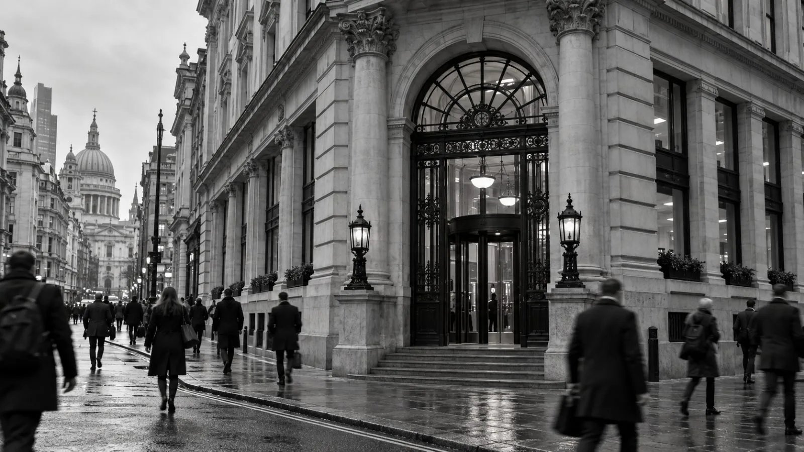 Pedestrians pass the entrance at 41 Lothbury in the City of London. (AI-generated image / EconoTimes)