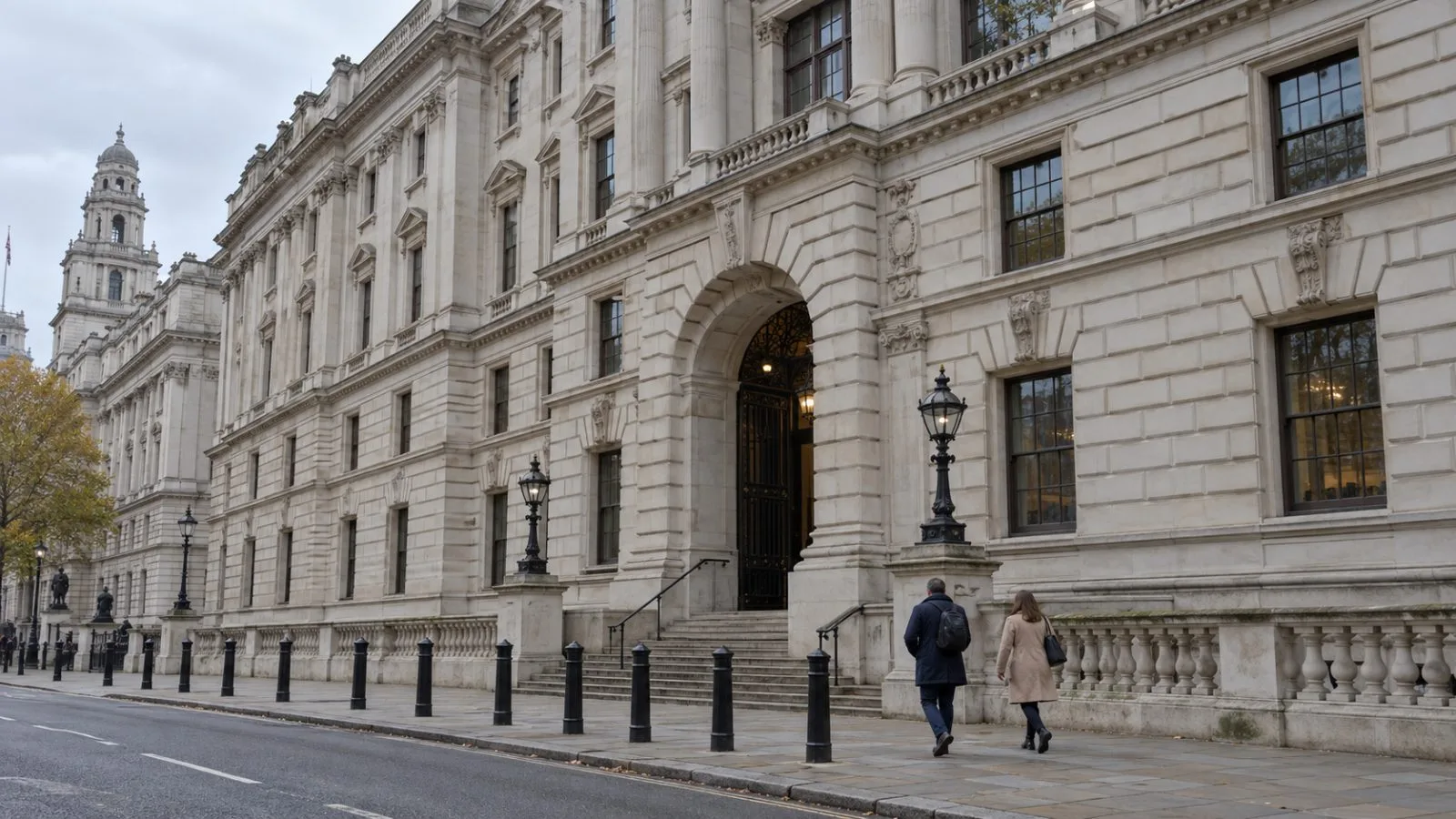 HM Treasury stands on Horse Guards Road in Westminster, London, beneath an overcast sky. (AI-generated image / EconoTimes)