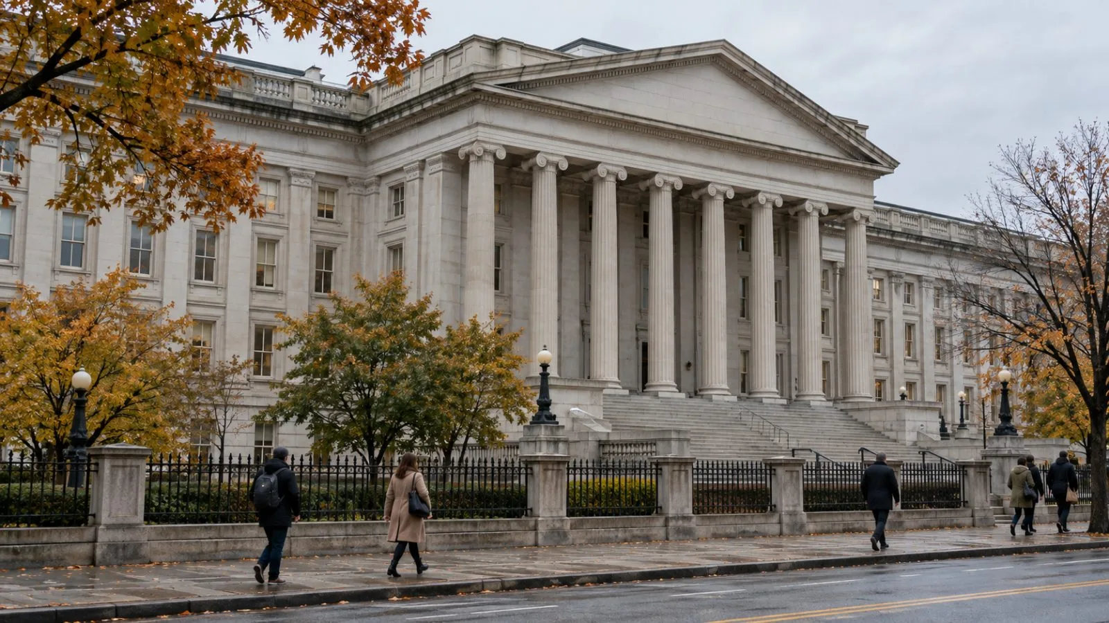 Pedestrians pass the U.S. Treasury building in Washington on an overcast morning. (AI-generated image / EconoTimes)