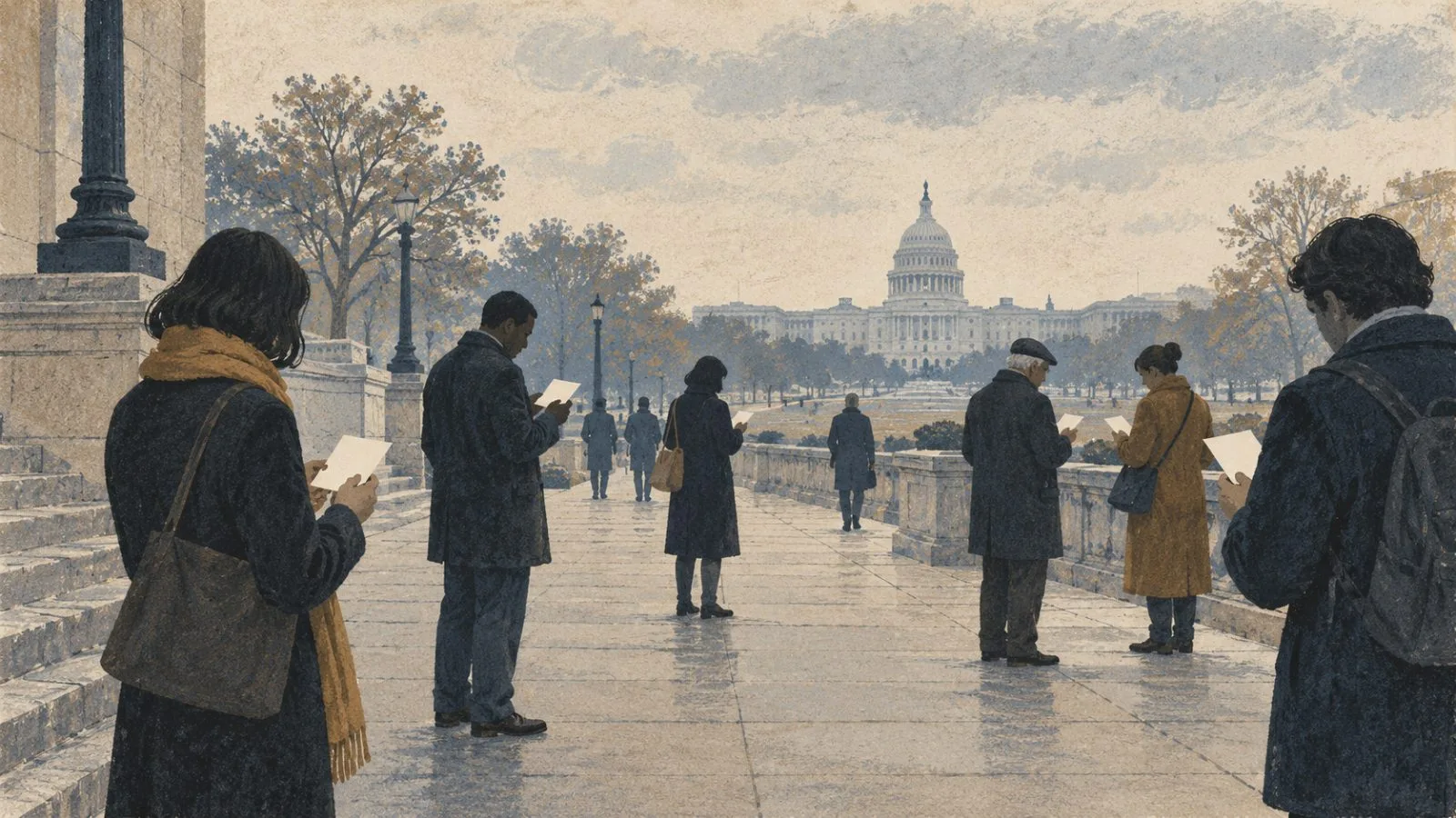 Anonymous pedestrians pause with blank survey cards near the U.S. Capitol in Washington, D.C. (AI-generated image / EconoTimes)