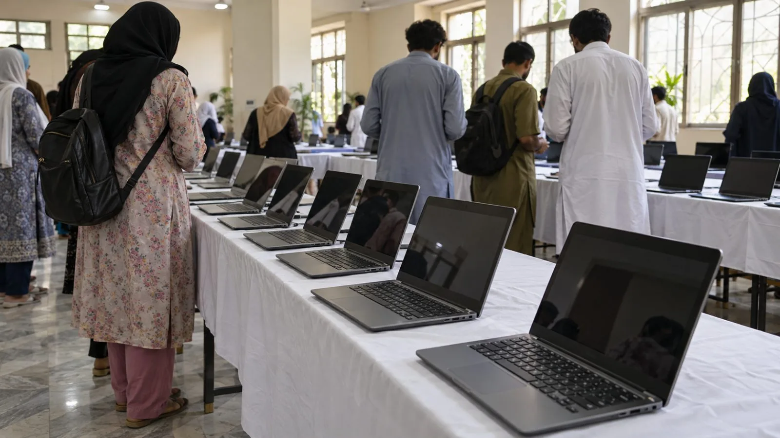 Chromebooks sit on display at a student technology scheme launch in Islamabad, Pakistan. (AI-generated image / EconoTimes)
