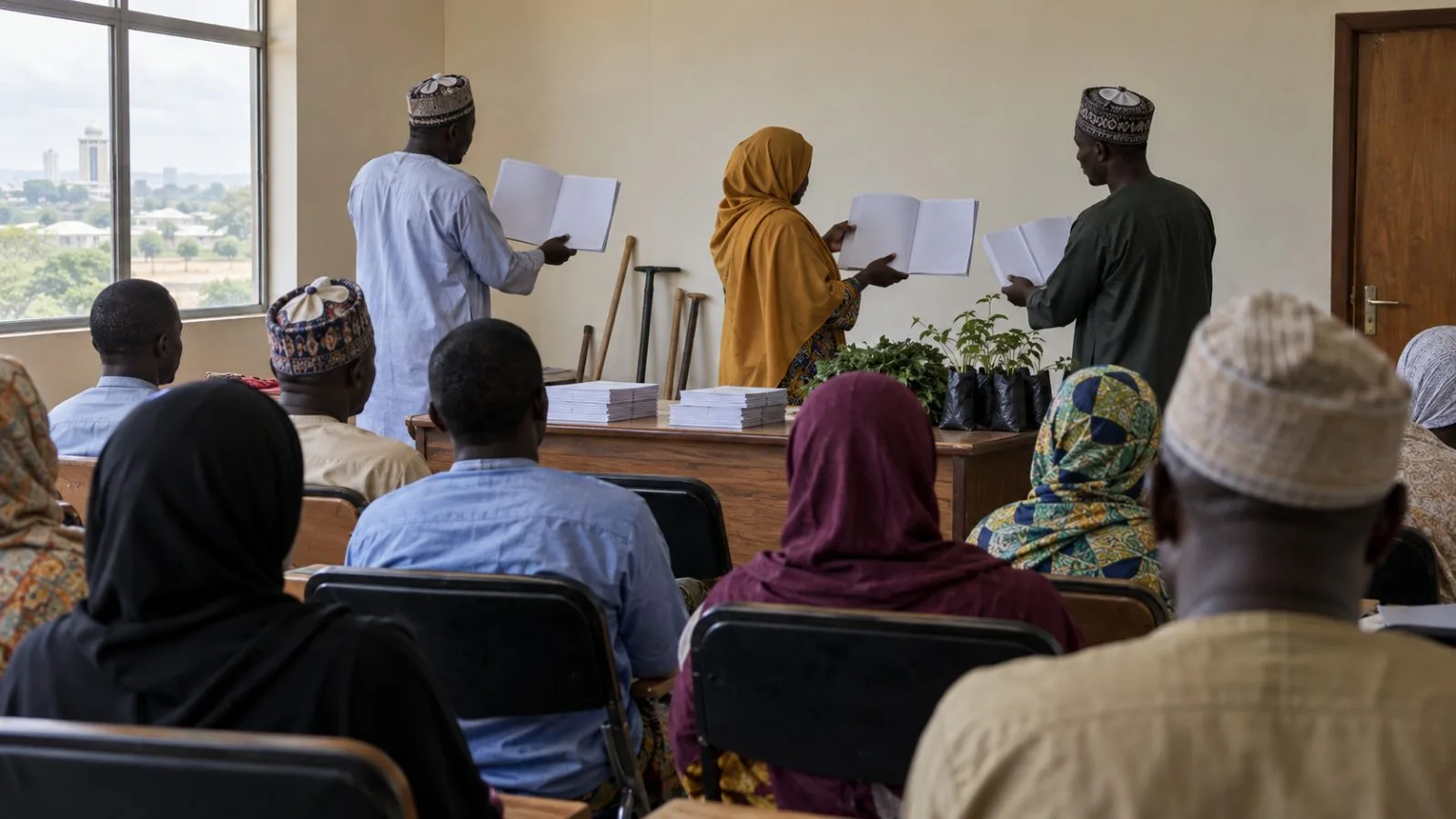 Attendees watch agricultural curriculum booklets being presented at a launch in Abuja, Nigeria. (AI-generated image / EconoTimes)