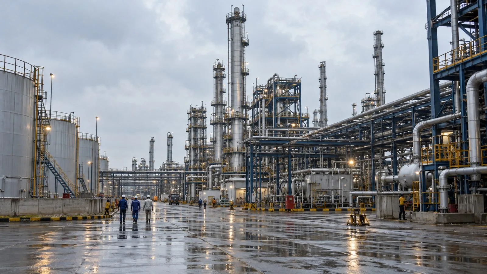 Process towers rise above a chemical plant in Dahej, Gujarat, India. (AI-generated image / EconoTimes)