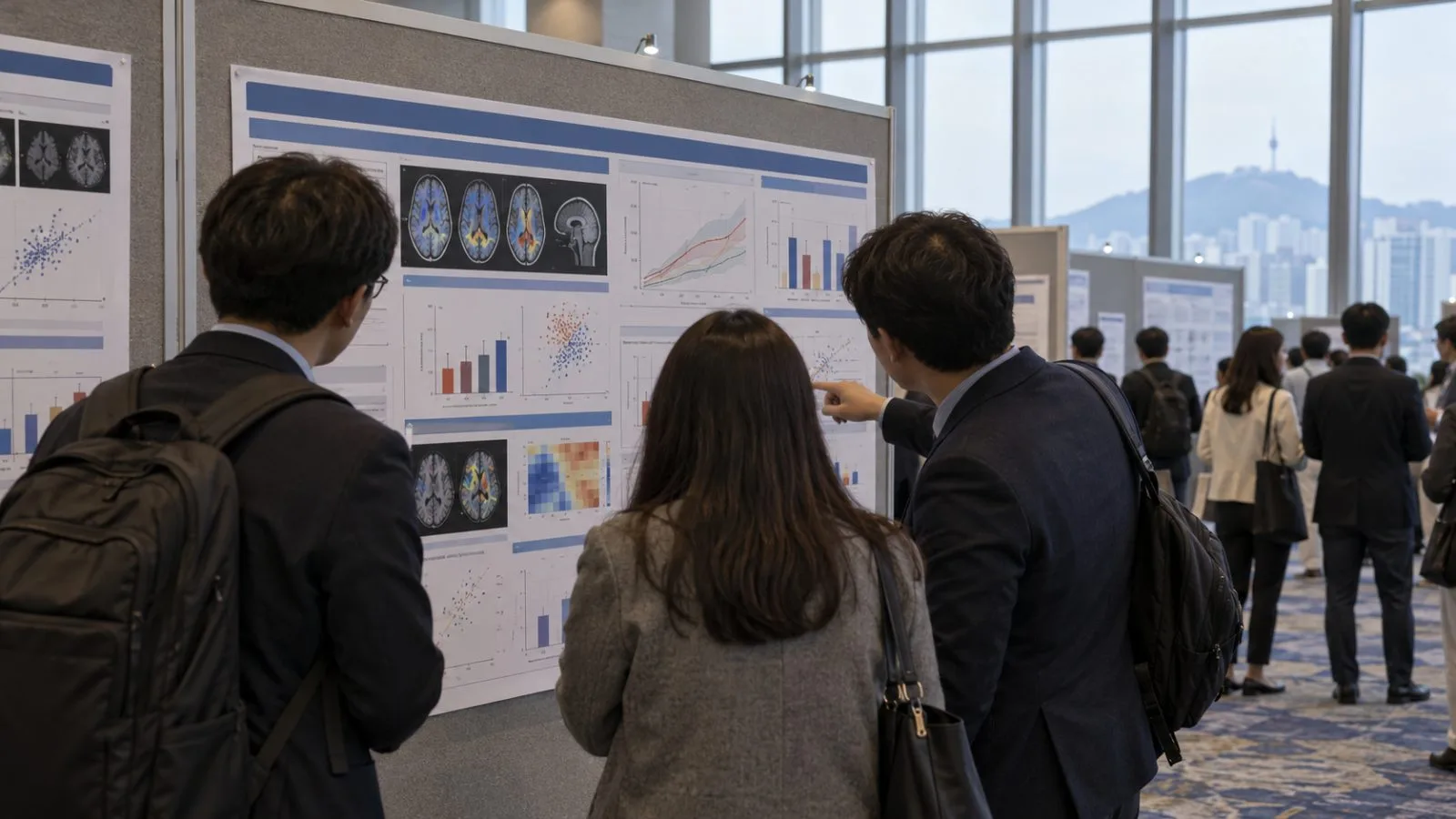 Attendees review a neurology research poster during a conference in Seoul, South Korea. (AI-generated image / EconoTimes)