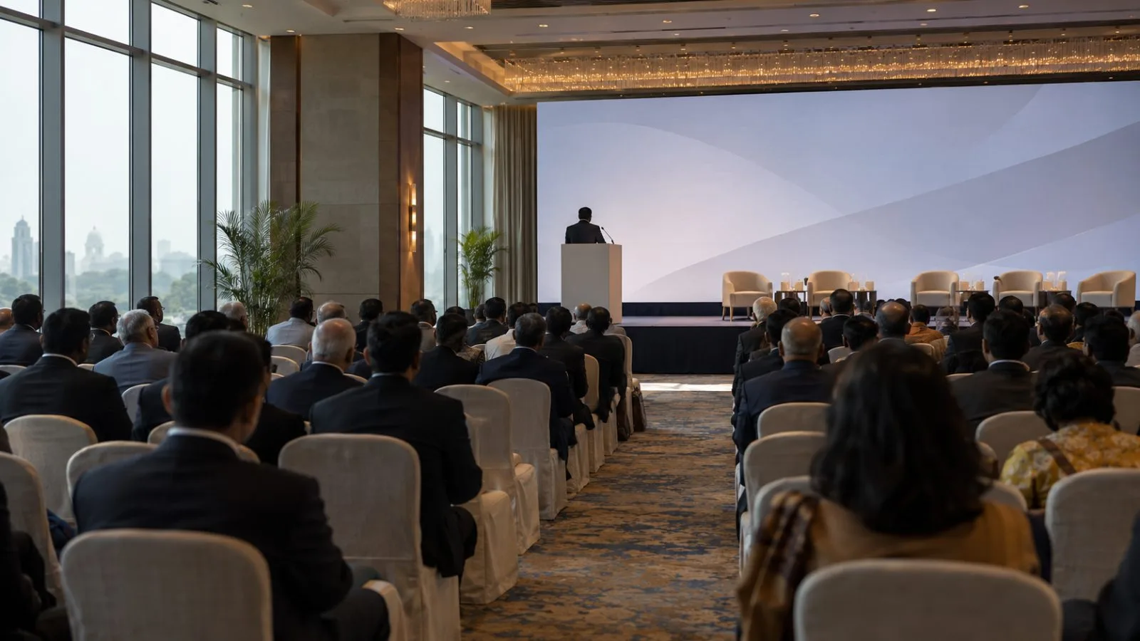 A speaker addresses an audience at the NDTV World Summit in New Delhi, India. (AI-generated image / EconoTimes)