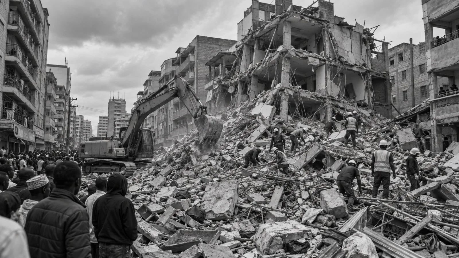 Rescuers search rubble beside an excavator at a collapsed building site in Nairobi. (AI-generated image / EconoTimes)