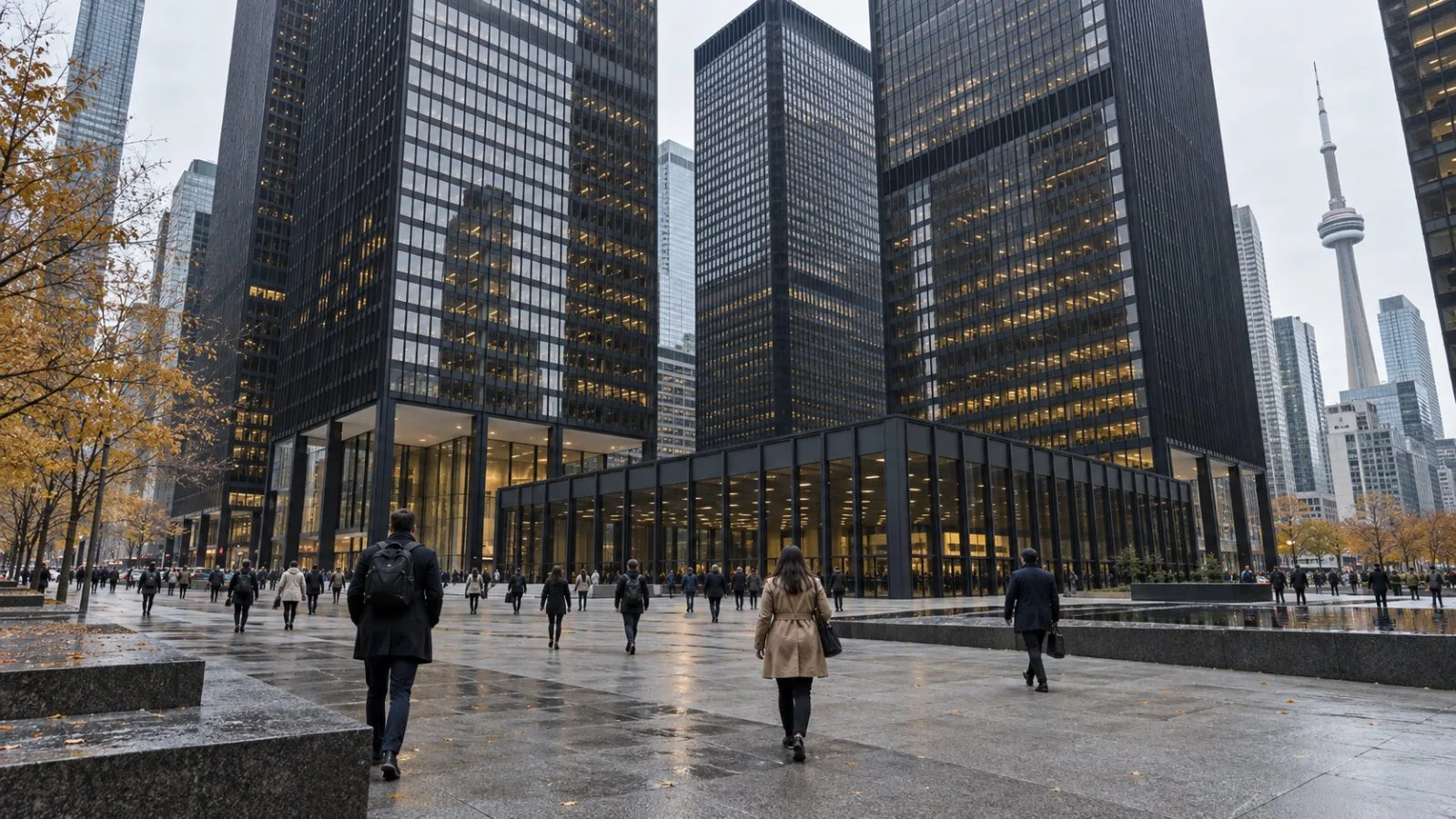 Commuters cross the plaza beside the Toronto-Dominion Centre in Toronto, Canada. (AI-generated image / EconoTimes)