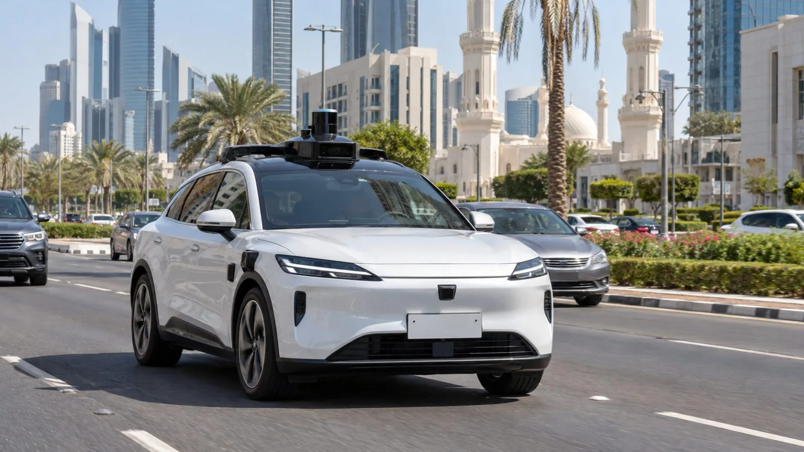 An autonomous vehicle travels along a city street in Abu Dhabi, United Arab Emirates. (AI-generated image / EconoTimes)