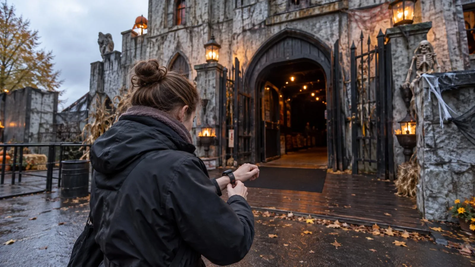 A visitor adjusts a heart-rate monitor outside Dystopia Haunted House in Vejle, Denmark. (AI-generated image / EconoTimes)