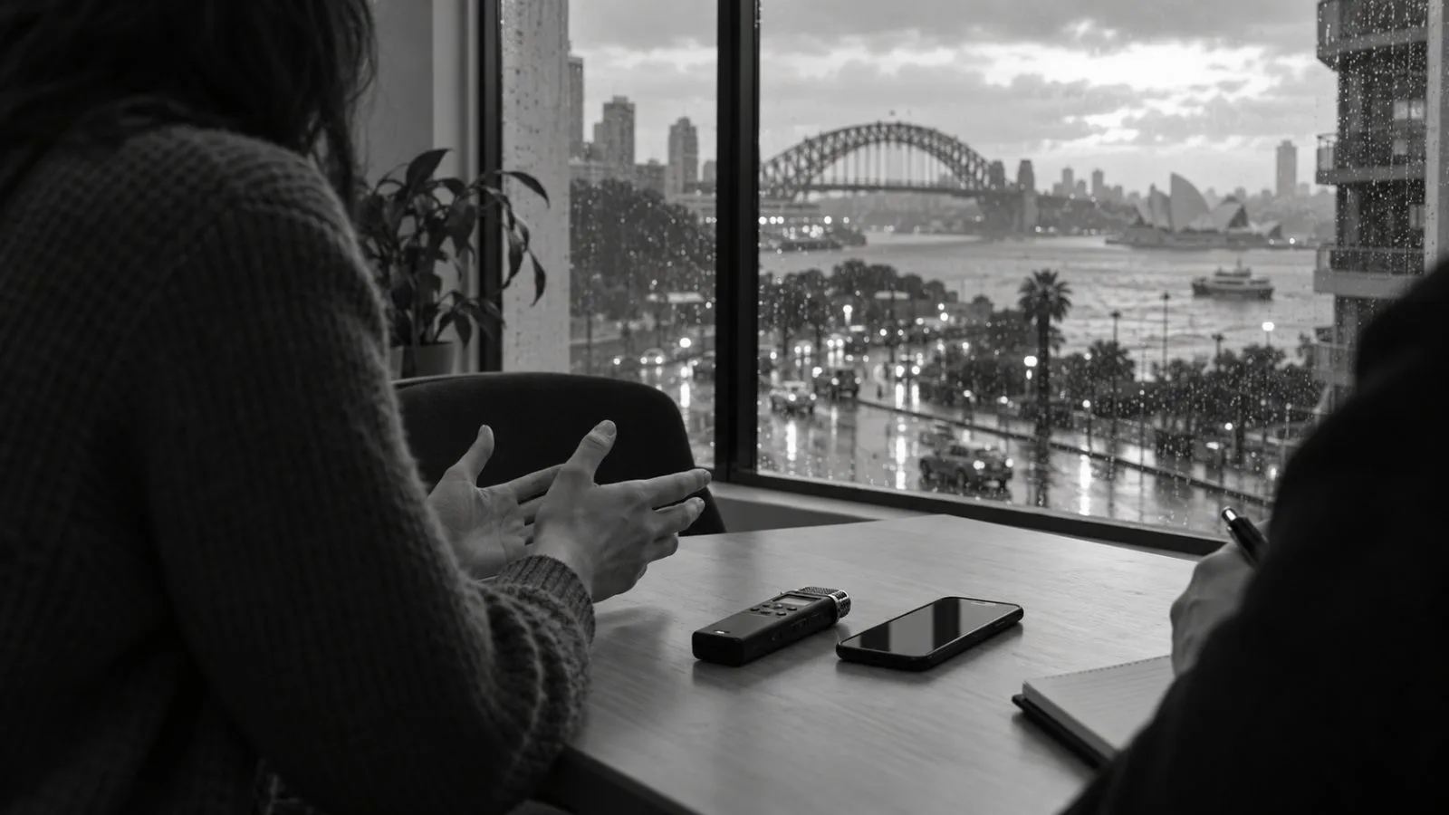 A handheld recorder rests beside a smartphone during an interview in Sydney, Australia. (AI-generated image / EconoTimes)