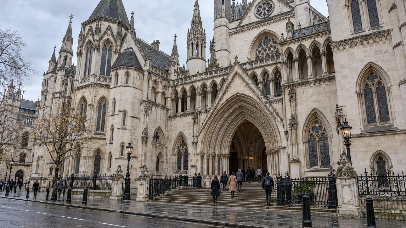 Visitors climb the steps of the Royal Courts of Justice in London. (AI-generated image / EconoTimes)