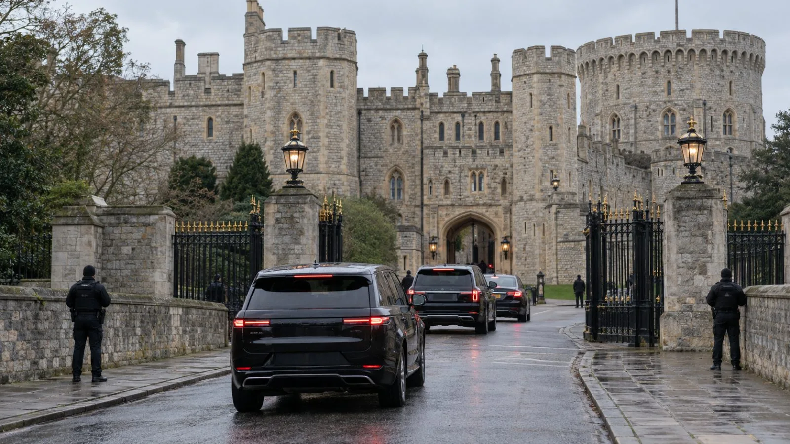 Official vehicles approach the gates of Windsor Castle in Windsor, England. (AI-generated image / EconoTimes)