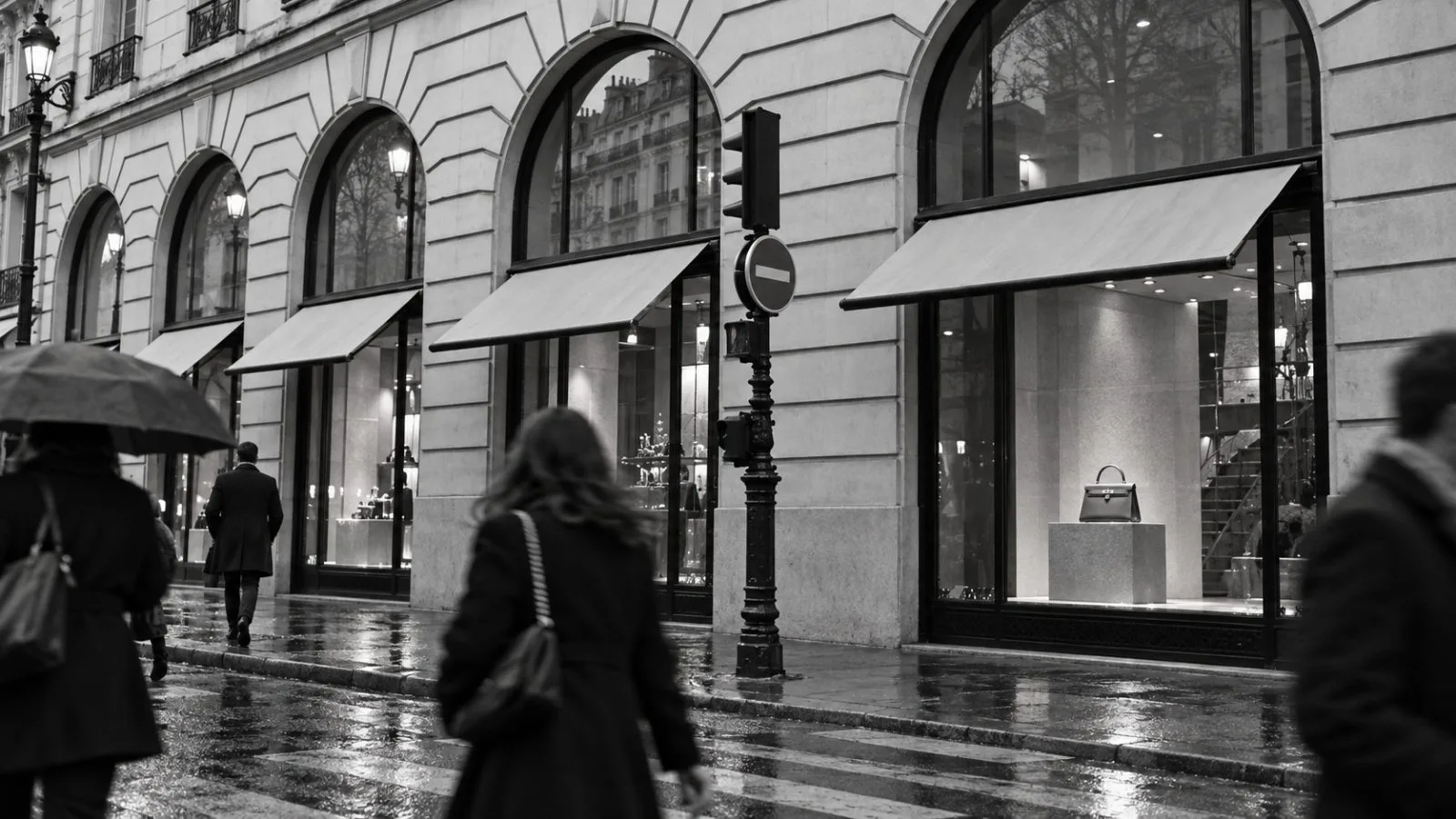 A leather handbag sits behind a boutique window on Rue du Faubourg Saint-Honoré in Paris. / EconoTimes.ai