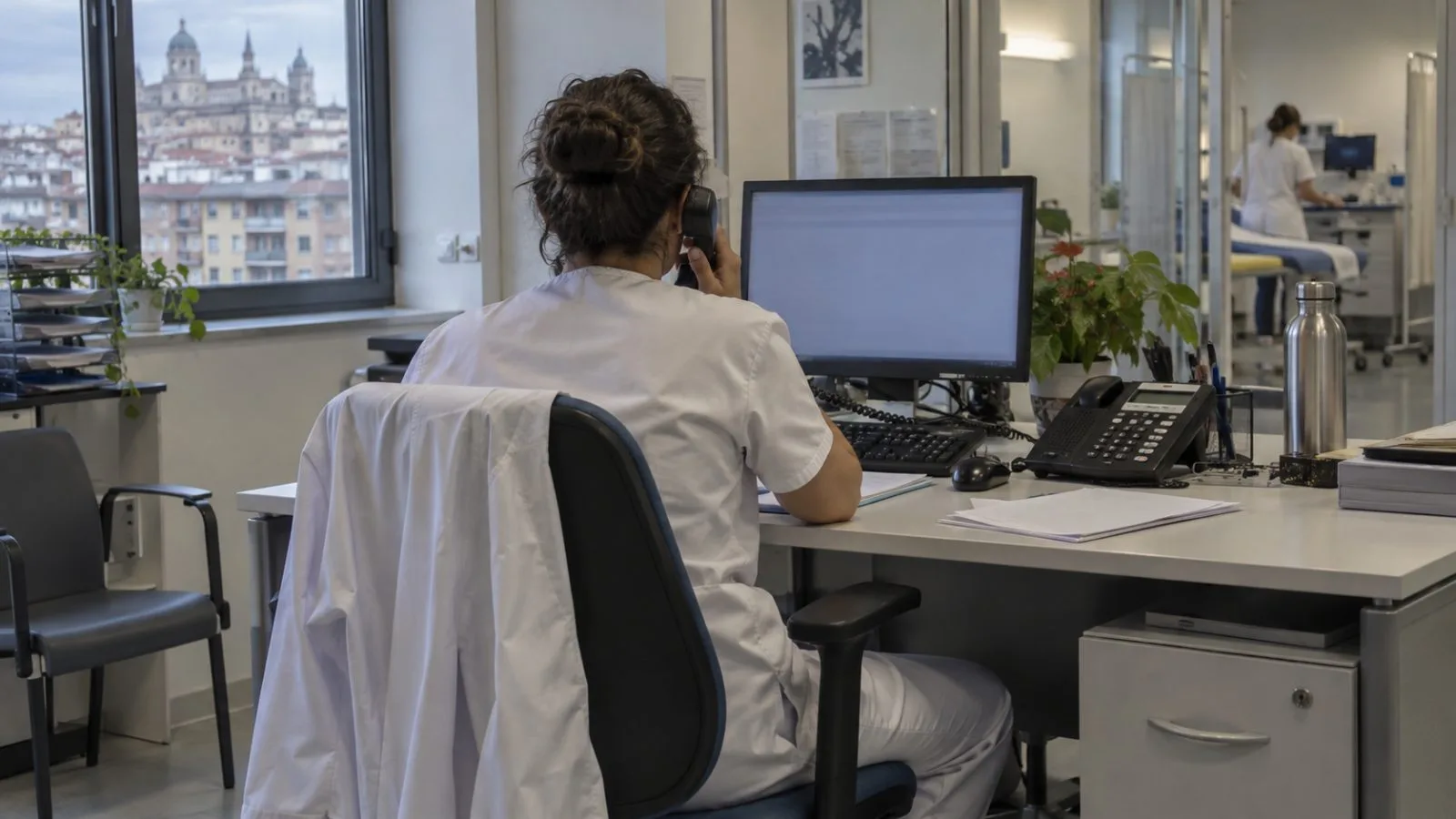 A nurse makes a patient follow-up call inside a hospital care-coordination unit in Madrid, Spain. (AI-generated image / EconoTimes)