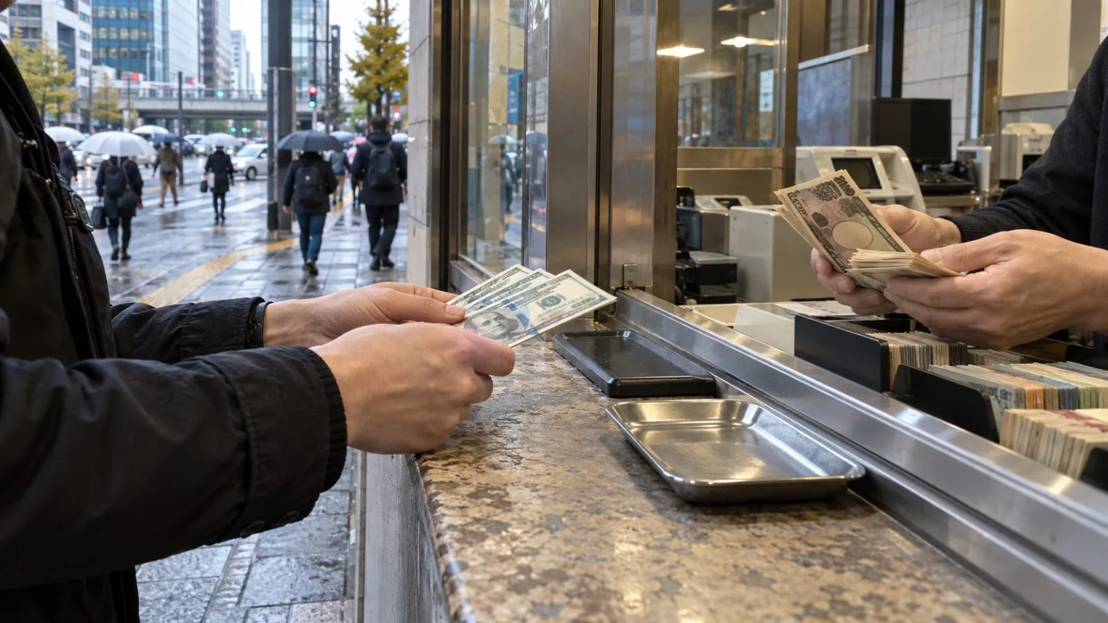 A customer exchanges U.S. dollars for yen at a counter in Tokyo. (AI-generated image / EconoTimes)