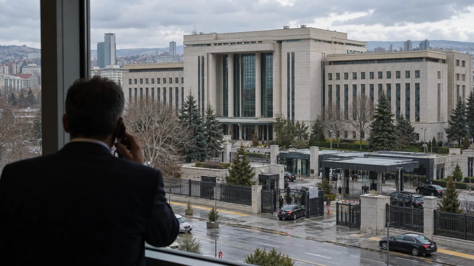 The Turkish Foreign Ministry building stands along an Ankara street beneath an overcast morning sky. (AI-generated image / EconoTimes)
