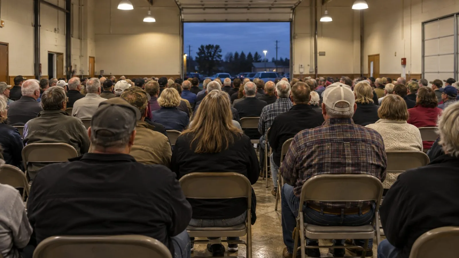 Attendees fill rows inside a campaign rally venue in Park City, Kansas. (AI-generated image / EconoTimes)