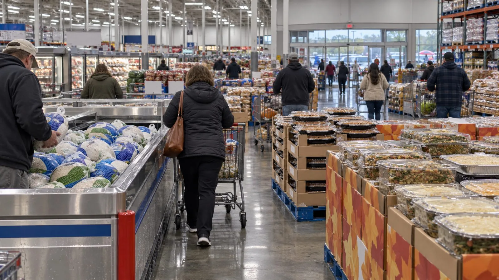 Shoppers pass turkeys and pumpkin pies in a Bentonville, Arkansas, warehouse-club grocery aisle. / EconoTimes.ai