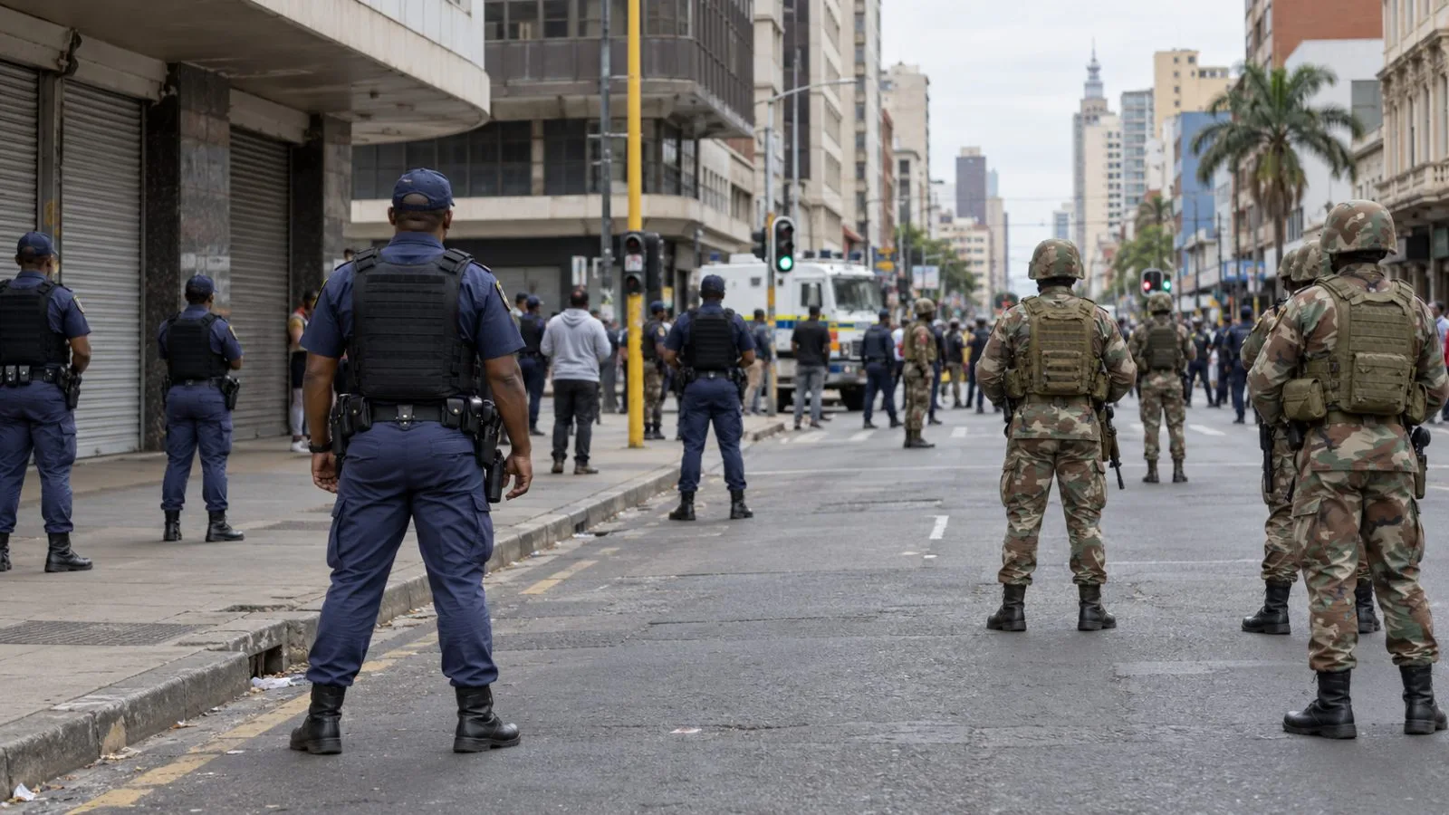 Police stand beside shuttered shops on Dr Pixley kaSeme Street in central Durban. (AI-generated image / EconoTimes)