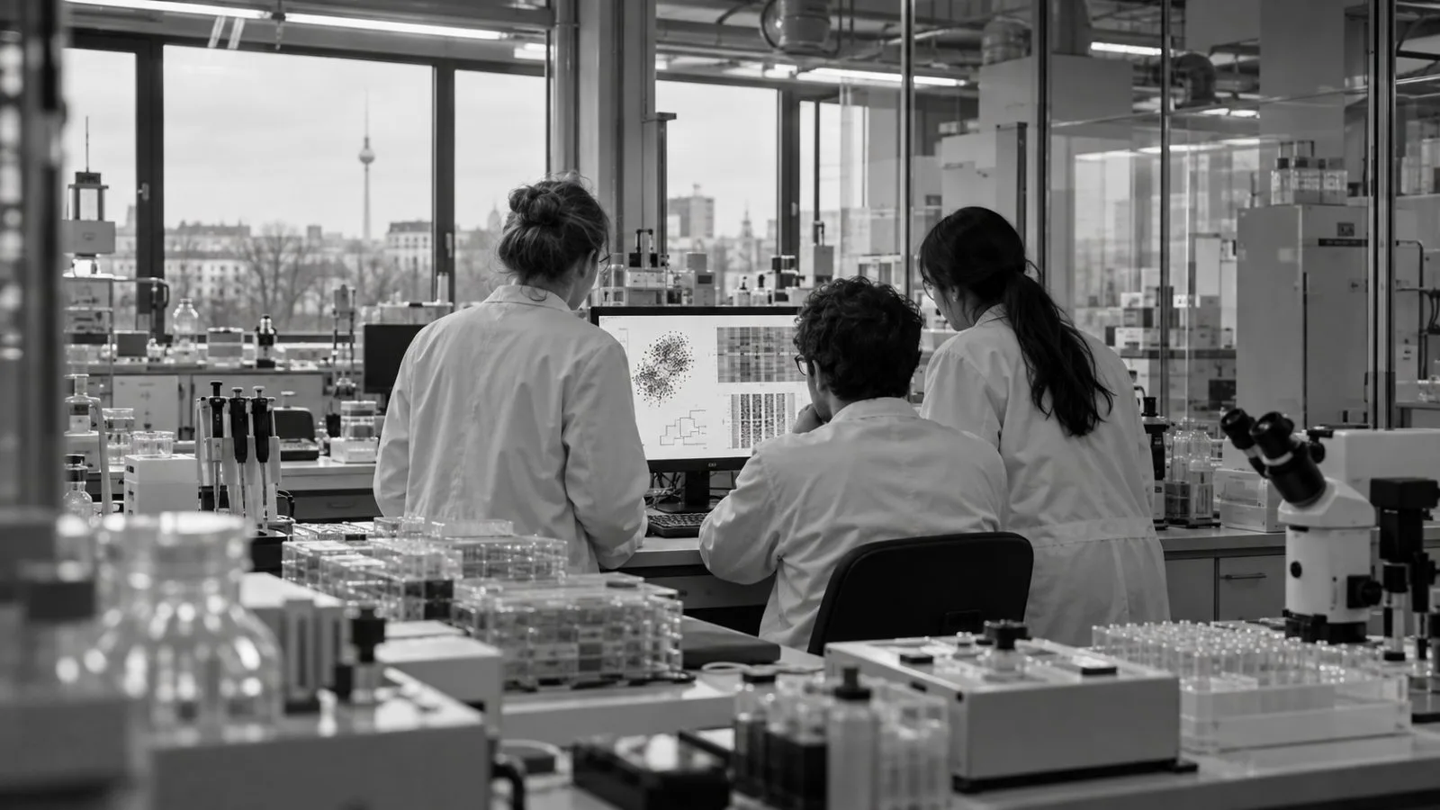 Researchers review biomedical data at Bayer Pharmaceuticals' Berlin headquarters in Germany (AI-generated image / EconoTimes)