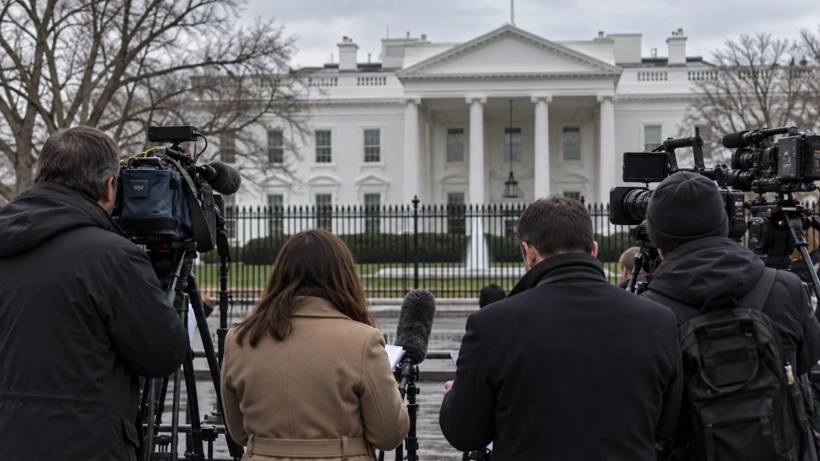 Reporters gather with cameras outside the White House in Washington, D.C. (AI-generated image / EconoTimes)