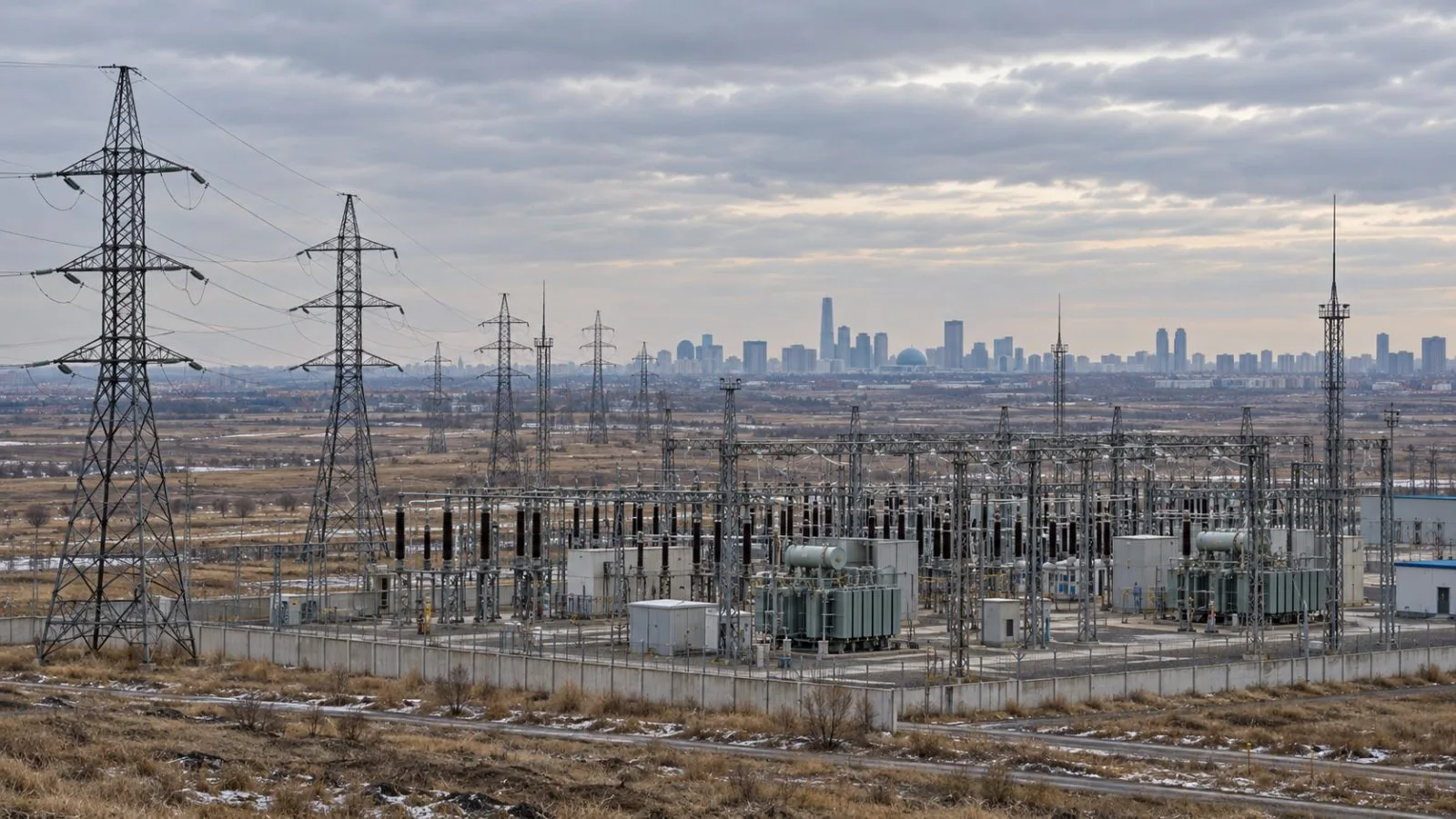 High-voltage lines and a substation stand outside Astana, Kazakhstan, beneath an overcast sky. (AI-generated image / EconoTimes)