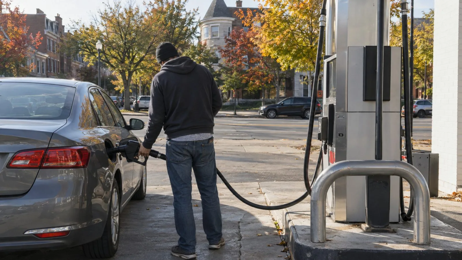 A motorist fills a car at a neighborhood gas station in Washington, D.C. (AI-generated image / EconoTimes)
