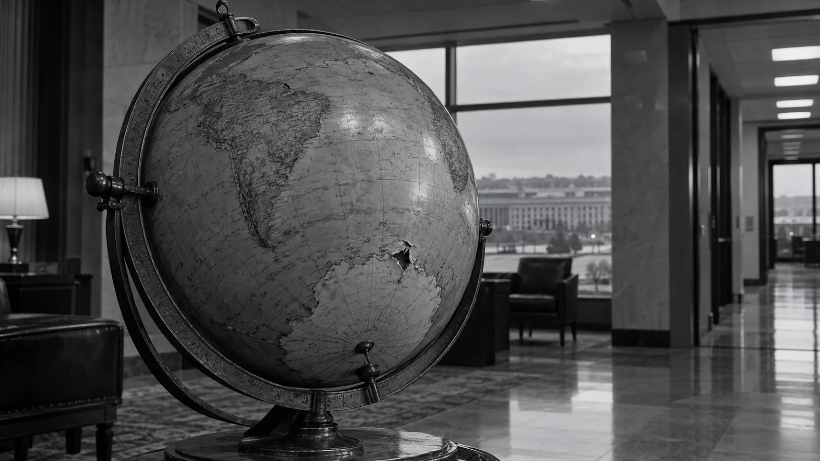 A damaged historic globe rests on its metal stand inside the Pentagon in Arlington, Virginia. (AI-generated image / EconoTimes)