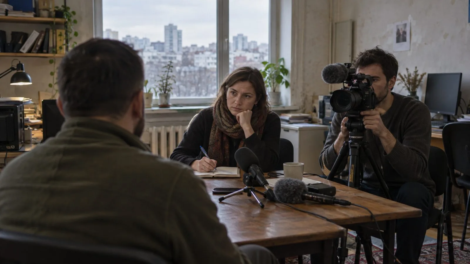 Journalists record a video interview in a Kyiv newsroom, Ukraine (AI-generated image / EconoTimes)