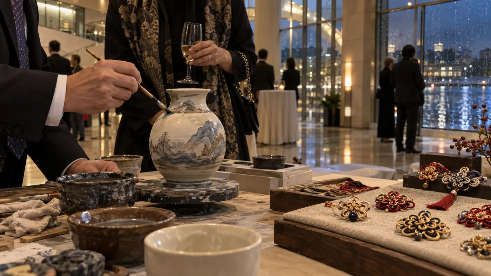 Guests try glazing Jiexiu ceramics beside Datong knotwork brooches at WIPO headquarters in Geneva. (AI-generated image / EconoTimes)