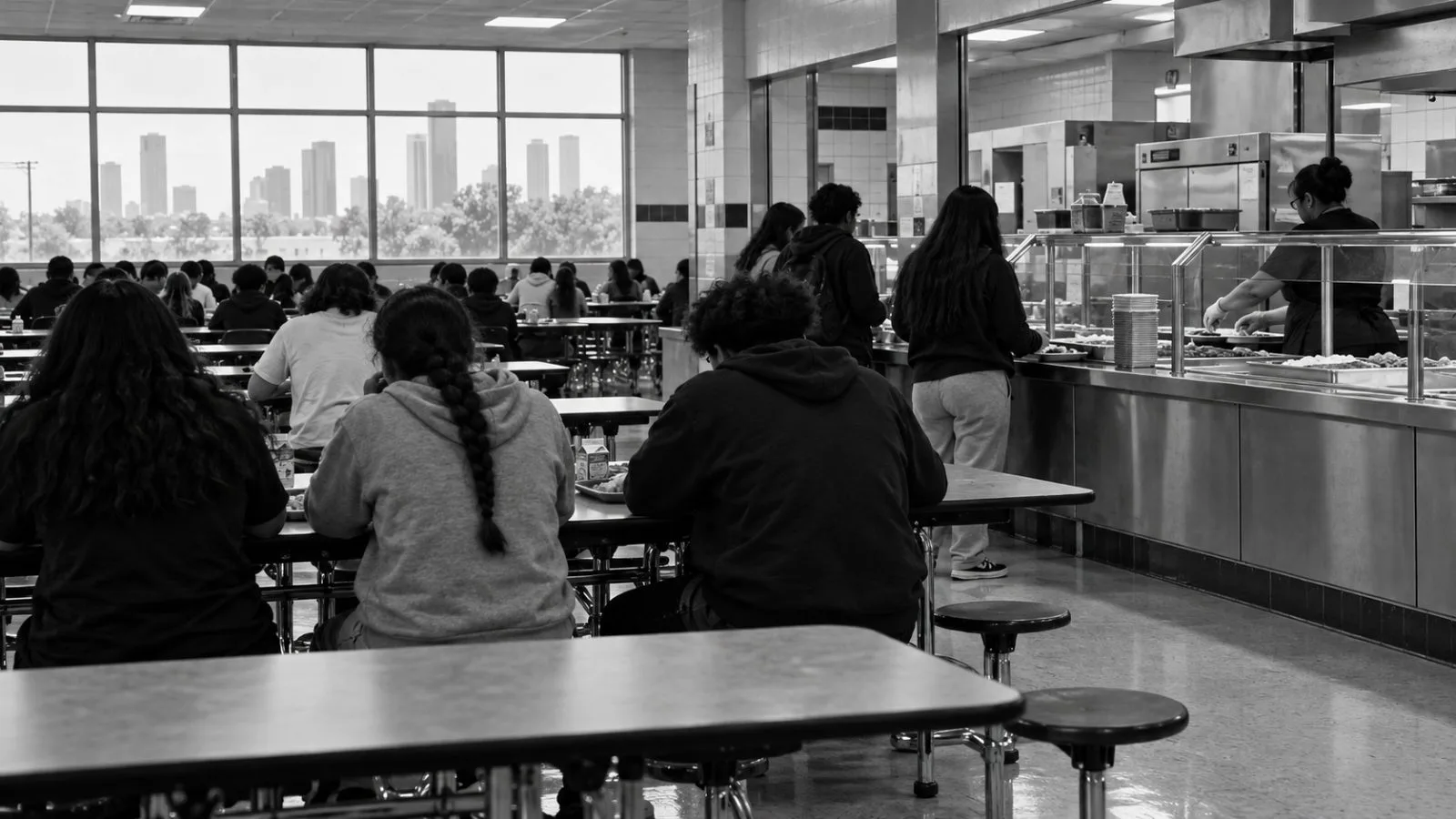 A cafeteria worker serves lunch to students at a public school in Houston, Texas. (AI-generated image / EconoTimes)