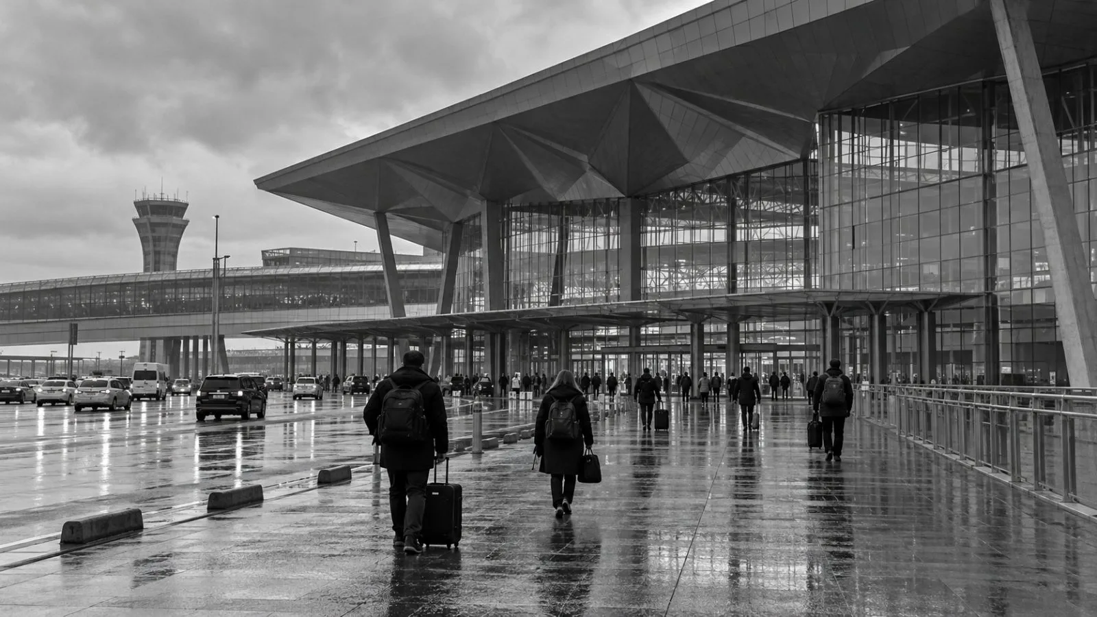 Travelers cross the forecourt outside Pulkovo Airport in St. Petersburg, Russia. (AI-generated image / EconoTimes)