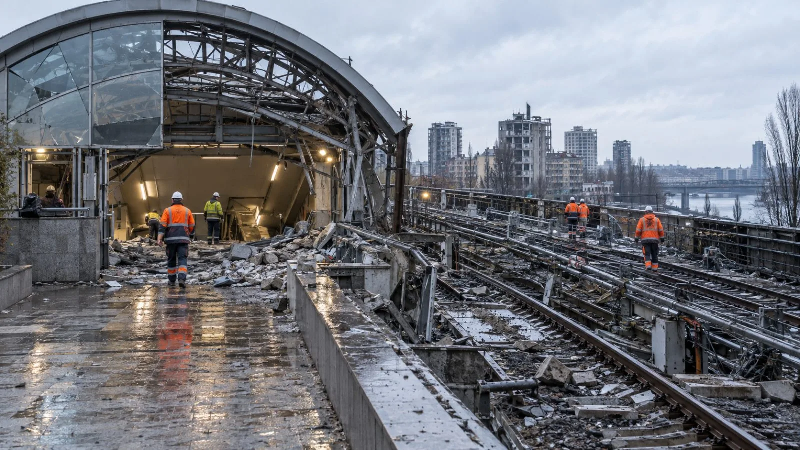 Workers inspect damaged rail beside a Kyiv metro station after an overnight strike (AI-generated image / EconoTimes)