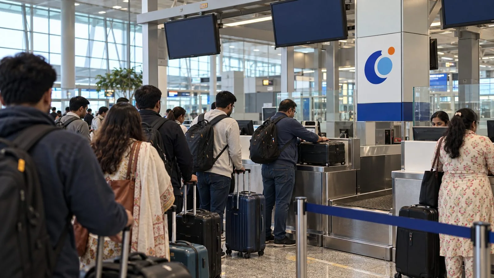 Travelers place cabin bags on a counter scale at Indira Gandhi International Airport in New Delhi. / EconoTimes.ai