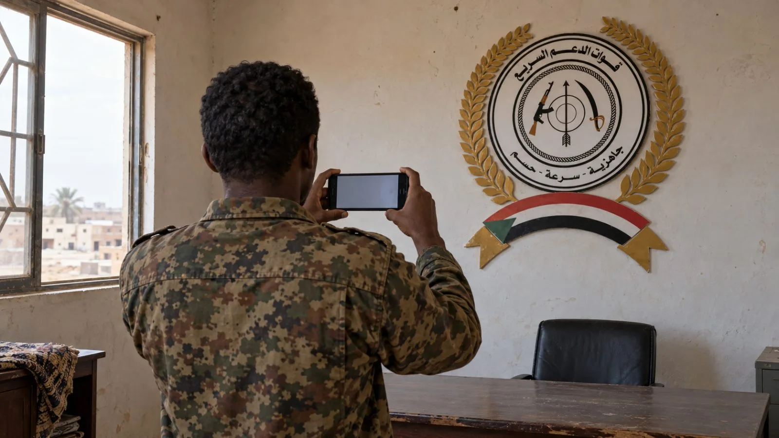 A figure records a statement in a plain room in Sudan. / EconoTimes.ai