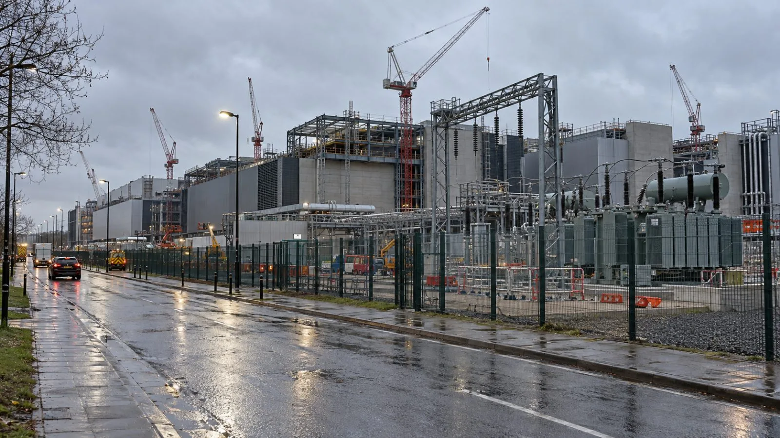 A data center construction site stands along an industrial road in Slough, west of London. (AI-generated image / EconoTimes)