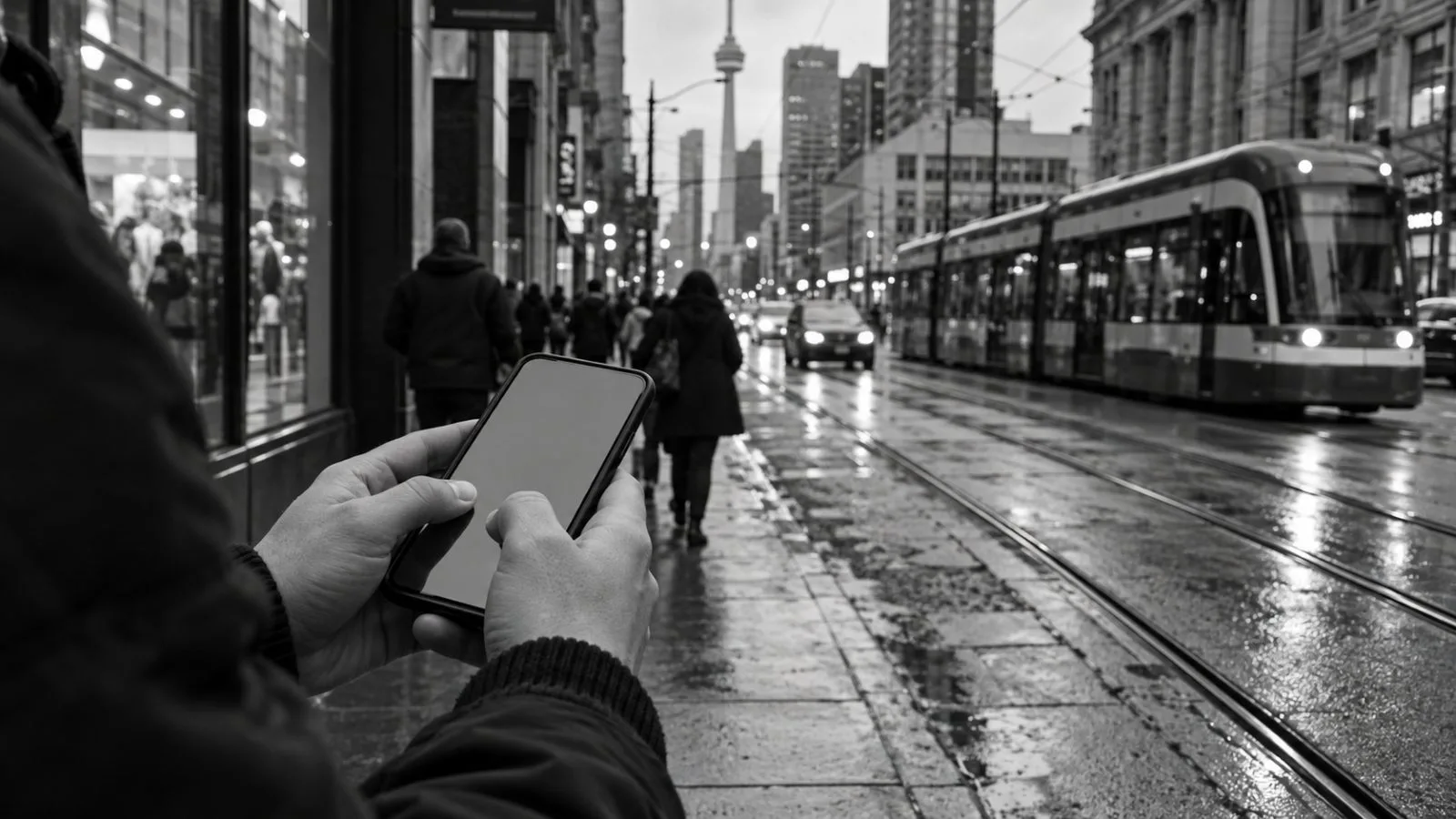Anonymous hands hold a smartphone on a downtown Toronto sidewalk, Canada. (AI-generated image / EconoTimes)