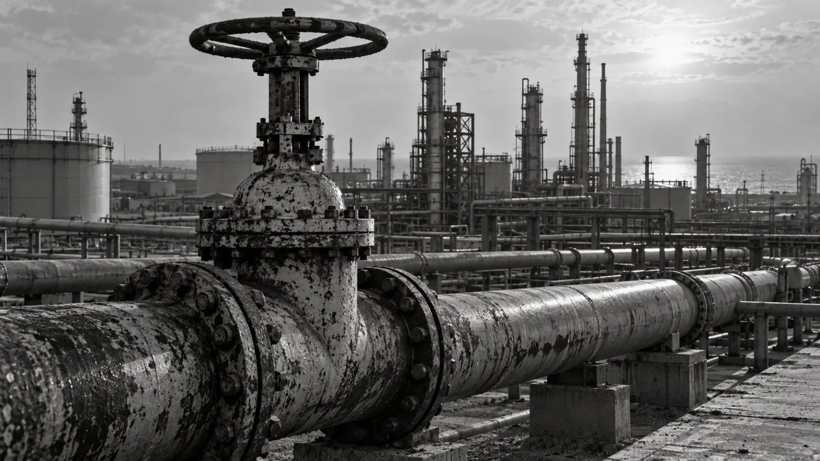 Pipeline valves and crude lines stand at a reception station beside the Zawiya refinery in Libya. (AI-generated image / EconoTimes)