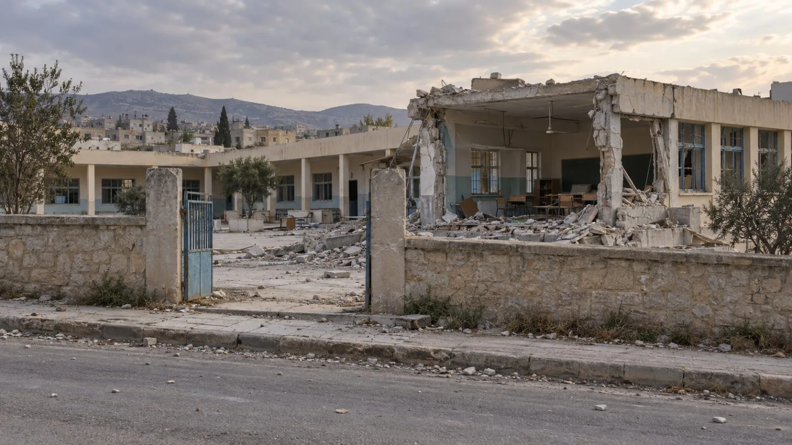 Broken masonry surrounds the damaged Shajaret Tayebe Primary School in Minab, Iran. (AI-generated image / EconoTimes)