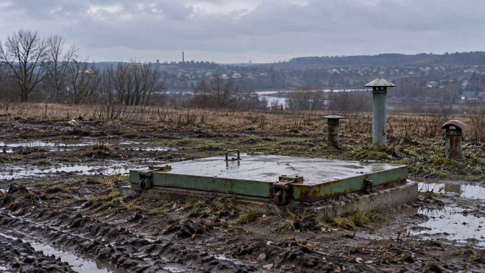 A gas pipeline access hatch sits in a muddy field outside Kupiansk, Ukraine. (AI-generated image / EconoTimes)