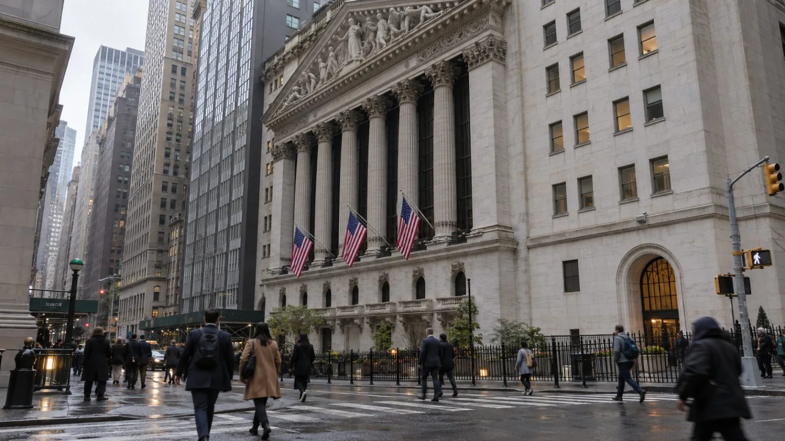 Pedestrians cross Broad Street outside the New York Stock Exchange in Manhattan. (AI-generated image / EconoTimes)