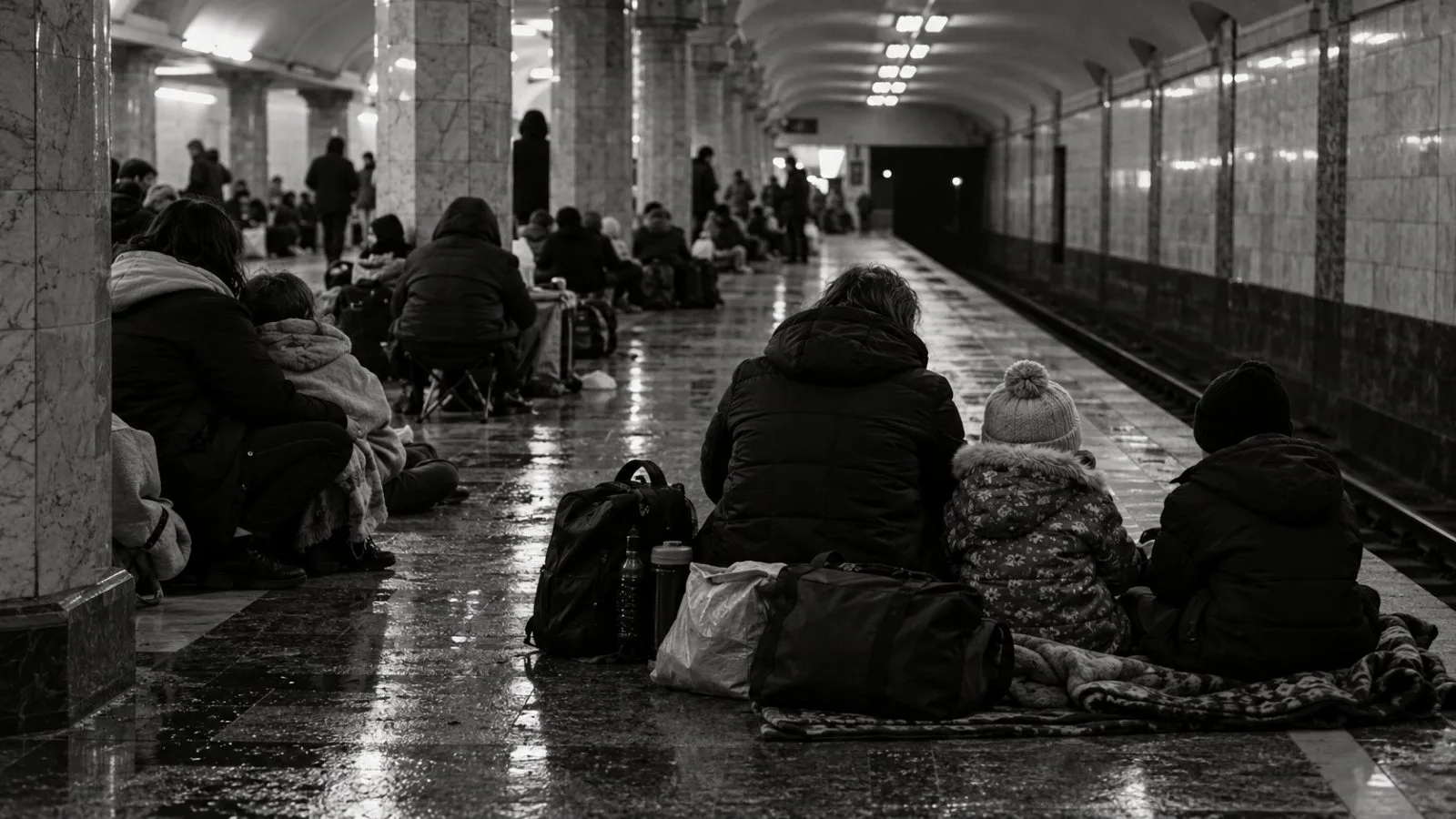 Families sit beside overnight bags on a Kyiv metro platform in Ukraine (AI-generated image / EconoTimes)