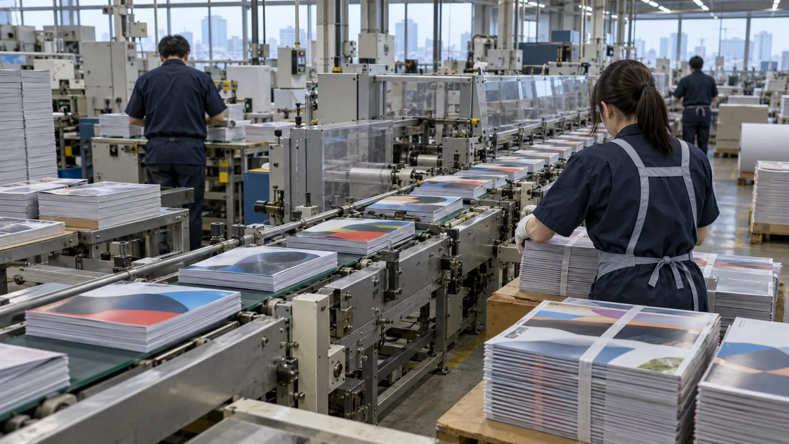 Freshly printed magazines move through a binding line at a Tokyo press. (AI-generated image / EconoTimes)