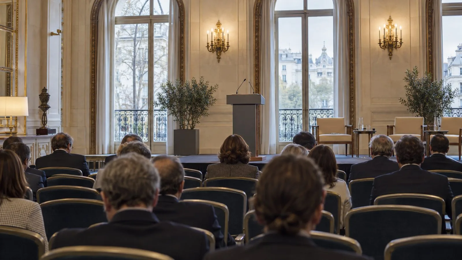An empty lectern faces attendees at an economic forum in Madrid, Spain. (AI-generated image / EconoTimes)