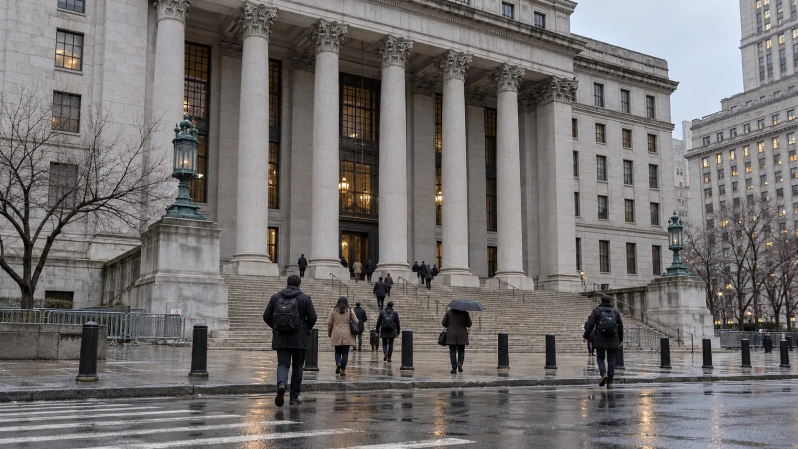 Pedestrians approach the New York County Supreme Court in Manhattan on a cloudy afternoon. (AI-generated image / EconoTimes)
