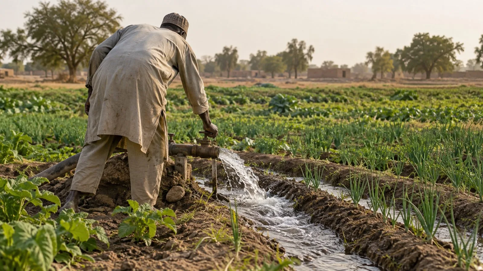 Irrigation water flows into crop rows at a farm in Kumfada, Kano State, Nigeria (AI-generated image / EconoTimes)