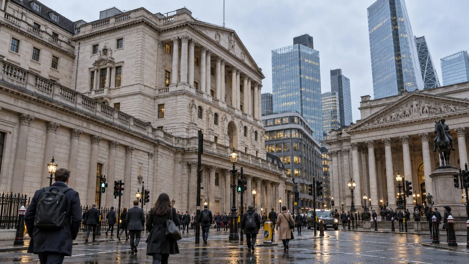 Passersby cross Bank Junction in the City of London beneath overcast skies (AI-generated image / EconoTimes)