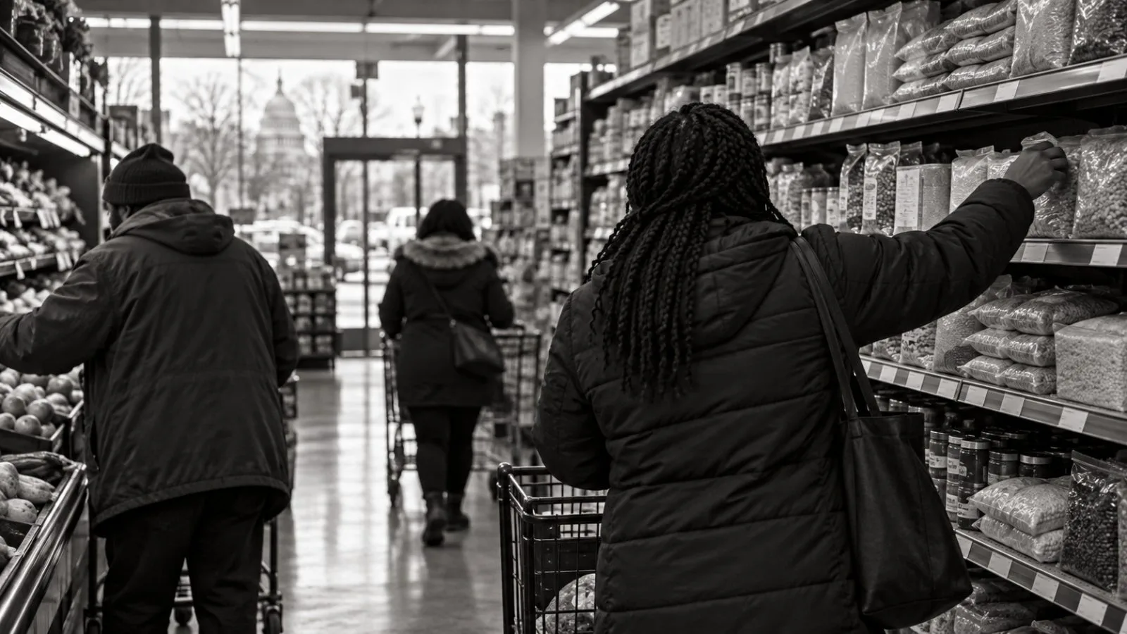Shoppers reach for packaged staples in a Washington, D.C., supermarket aisle. (AI-generated image / EconoTimes)